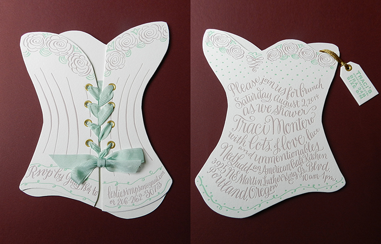 Invitation for a lingerie bridal shower. It includes a hang tag with the bride's sizes and a ribbon lacing up the back. Die cut & letterpress printed. Calligraphy & illustration by NH; design by I Do Invitations by Sue Coe Designs.