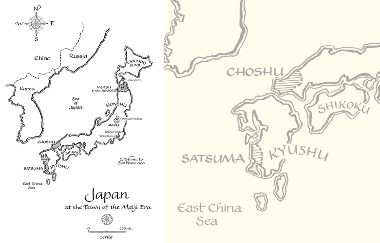 Map of Japan for Daughters of the Samurai by Janice P. Nimura, W.W. Norton and Co. (detail on right)