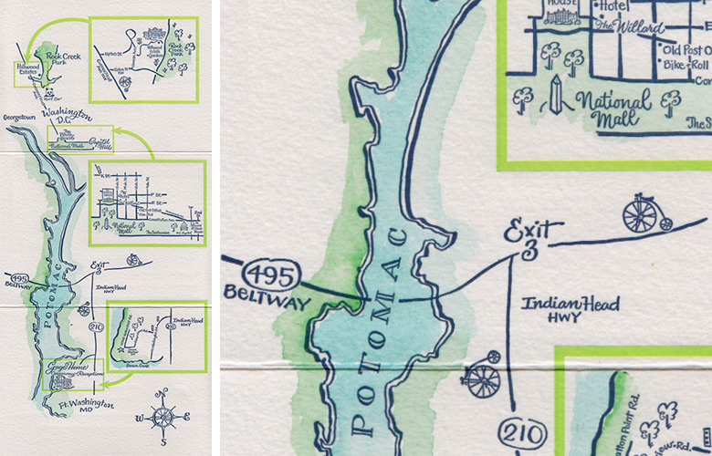 This tall map of the Potomac was folded twice. It included 3 insets: Rock Creek park, the mall in Washington DC, and Fort Washington, Maryland.