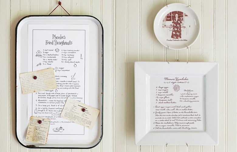 These keepsake trays are a lovely way to give a family recipe to someone special. For Rebecca Miller Ffrench’s gorgeous cookbook, “Sweet Home,” I lettered and illustrated a favorite recipe and it was then transferred and printed onto a ceramic serving platter at customsepia.com.